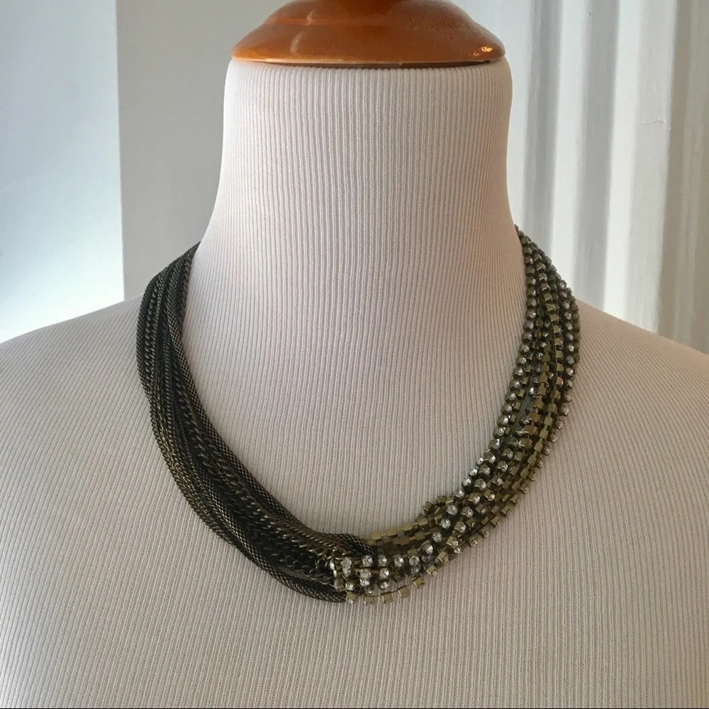 Multi layer chain rhinestone statement necklace brass gold indie y2k - Picture 8 of 9
